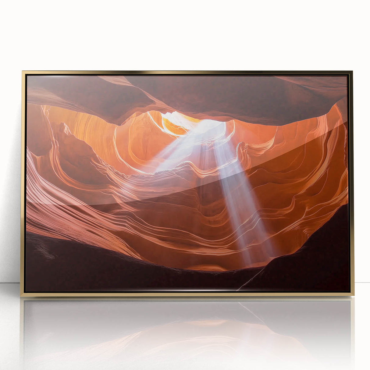 Framed acrylic artwork showcasing a stunning landscape of canyons with rich gold accents, perfect for enhancing modern home decor and adding warmth to any space.