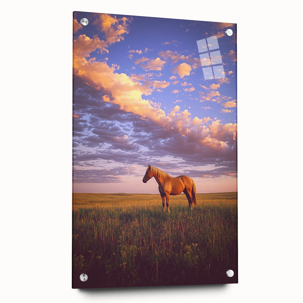 Acrylic landscape artwork depicting a serene countryside scene with vibrant greens and blues, showcased in a side view with decorative pins, ideal for home decor.