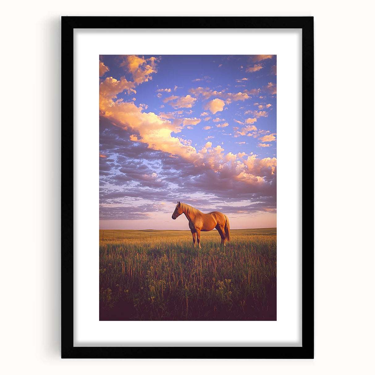 Framed black landscape art print showcasing a serene countryside scene with vibrant green fields and distant mountains, designed for elegant home decor.
