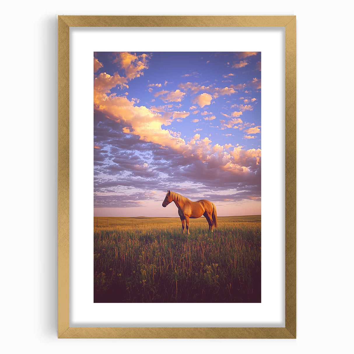 Elegant gold-framed landscape artwork showcasing a serene countryside view, complete with a white mat, ideal for enhancing home decor with a touch of sophistication.