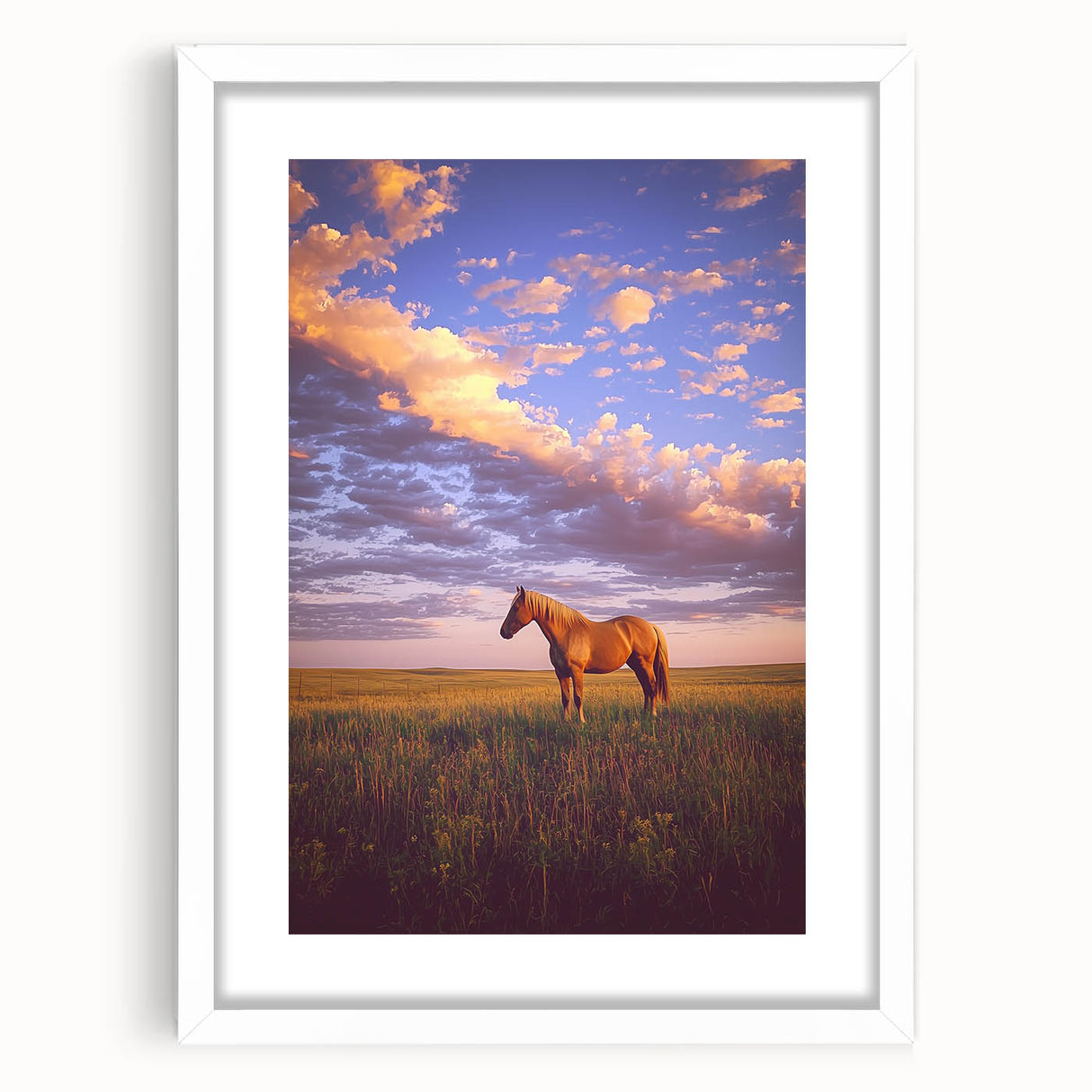 White-framed landscape artwork showcasing serene countryside scenery, featuring rolling hills and vibrant greenery, ideal for home decor enhancement.