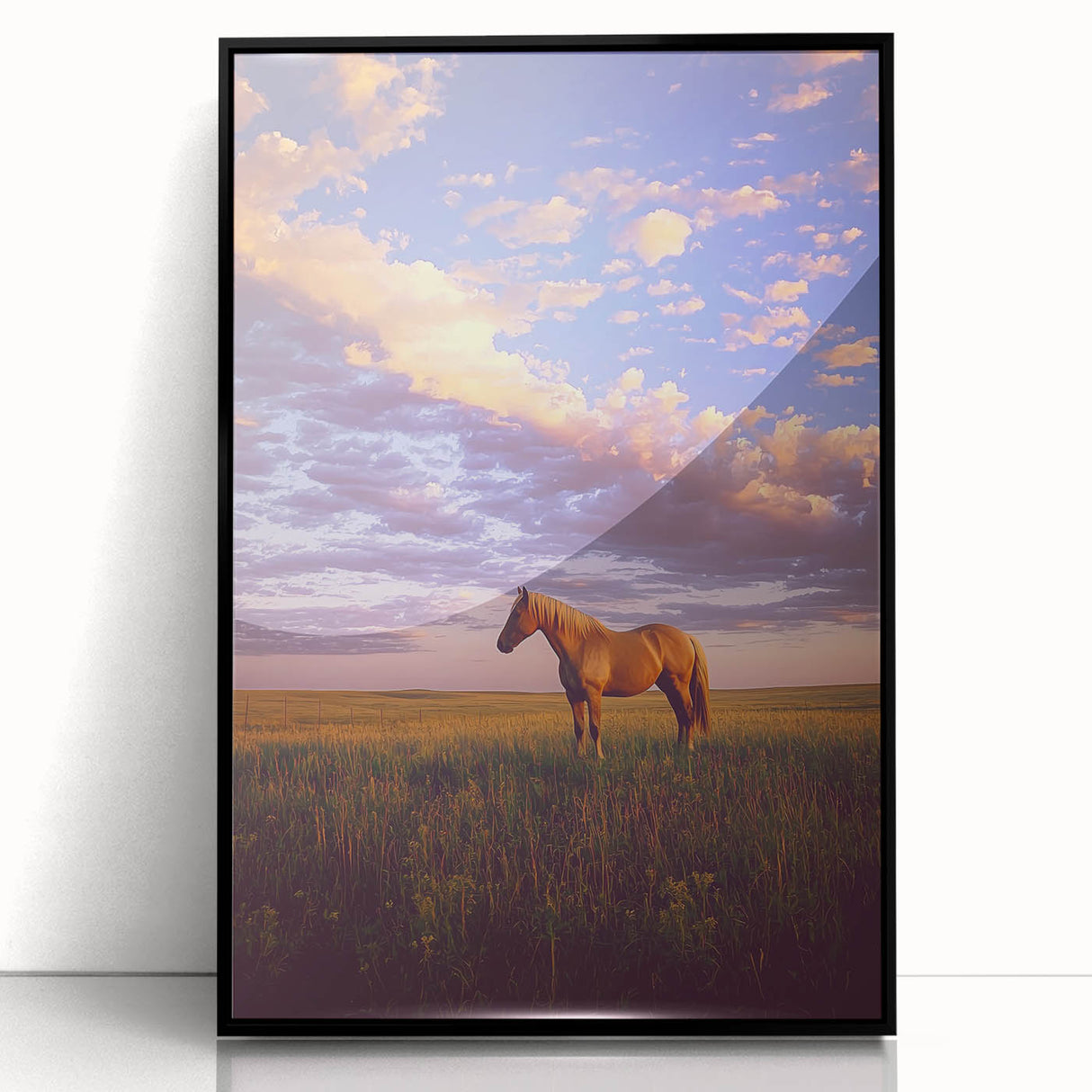Framed acrylic landscape artwork showcasing a serene countryside scene with lush greenery and rolling hills, presented in a sleek black frame for an elegant touch.