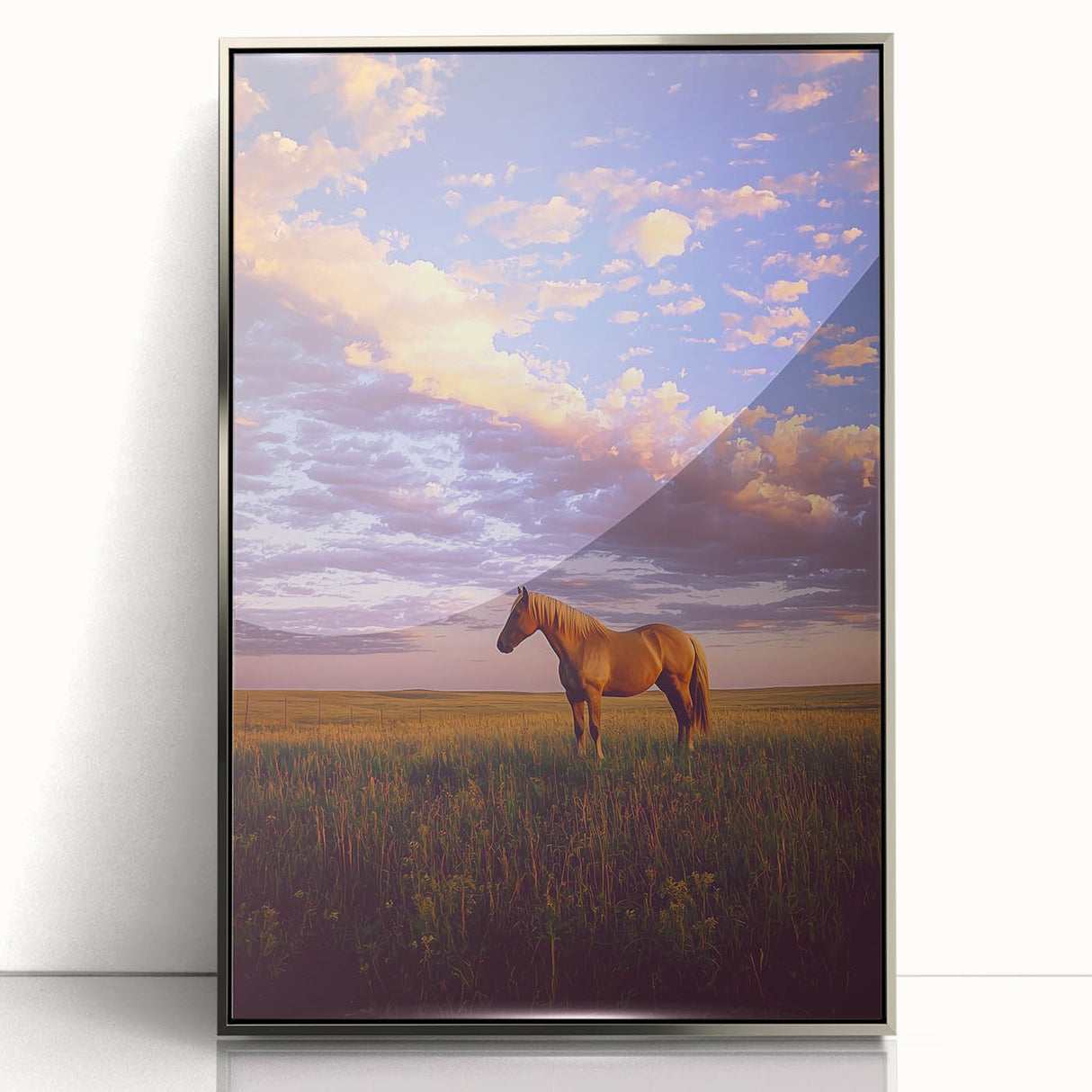 Framed acrylic artwork showcasing a picturesque countryside landscape, featuring vibrant green fields and a serene blue sky, ideal for home decor.