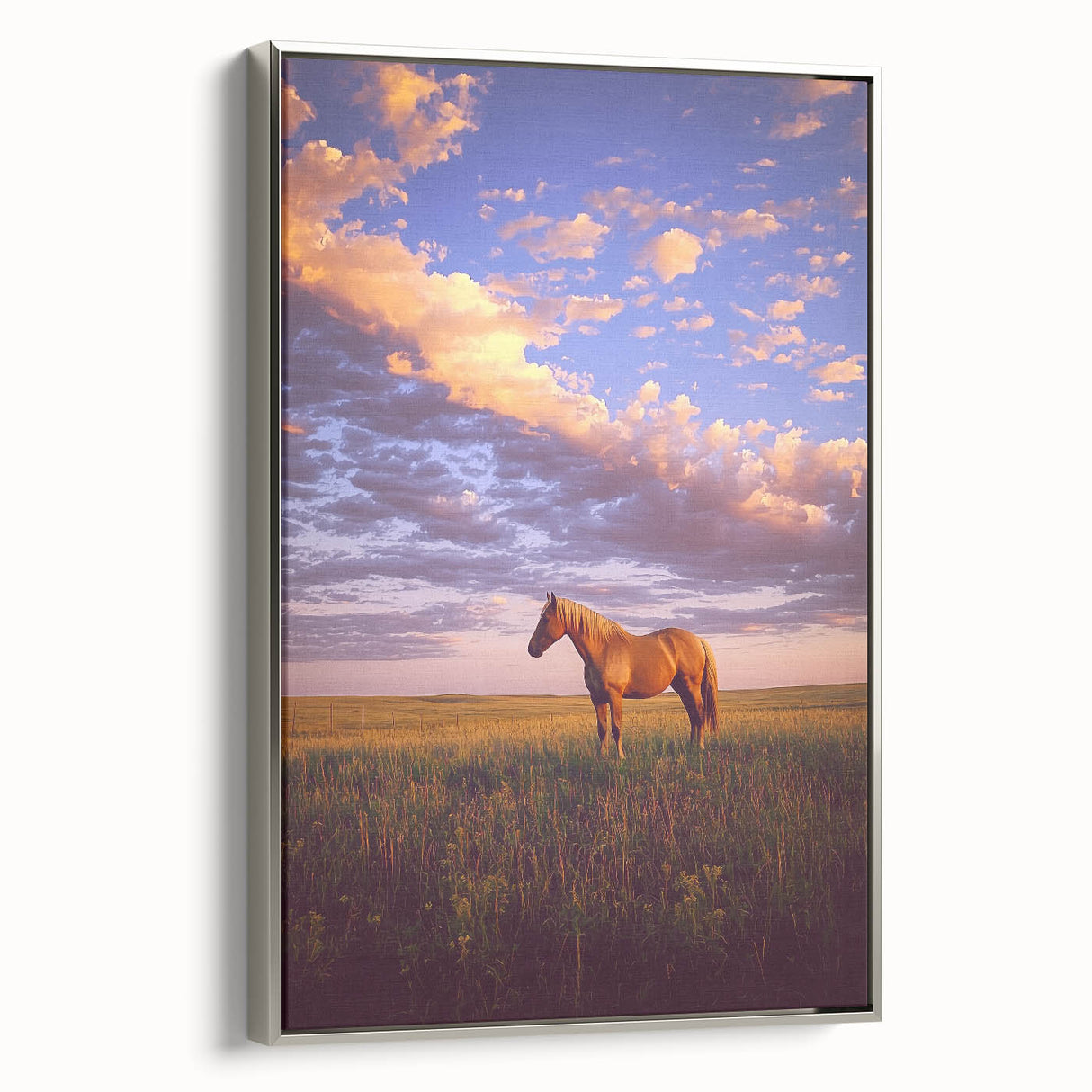 Framed canvas artwork of a serene countryside landscape with vibrant greenery and a clear blue sky, featuring a sleek silver frame that enhances its elegance. Ideal for home decor.