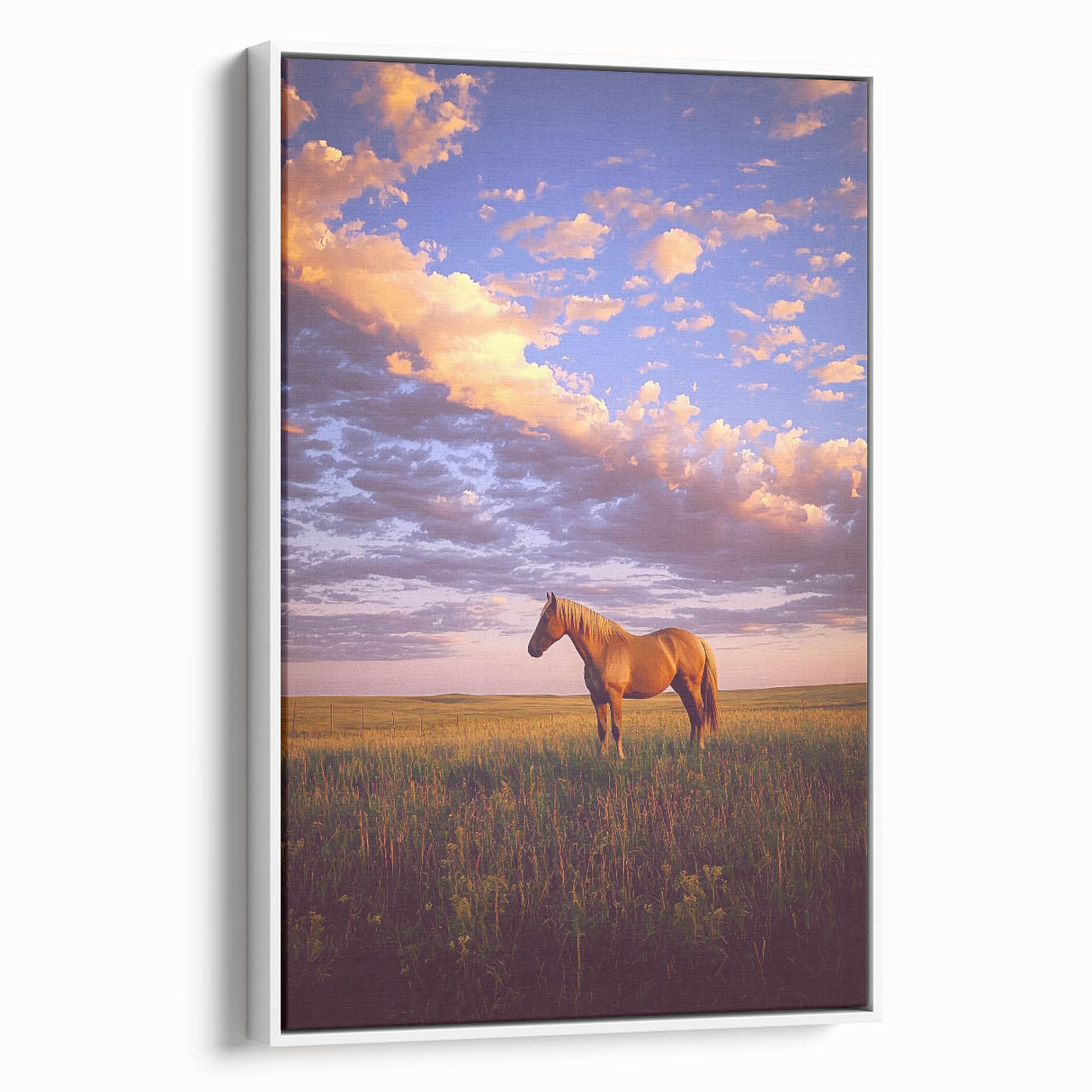 Framed canvas artwork depicting a serene countryside landscape, showcasing lush green fields and a bright blue sky, presented in a white frame for a modern aesthetic.
