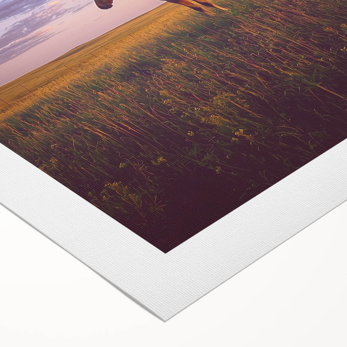 Vibrant rolled canvas artwork depicting a serene countryside landscape, showcasing lush green fields and a clear blue sky, perfect for home decor.