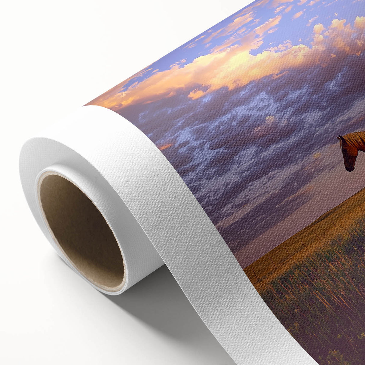 Rolled canvas artwork showcasing a serene countryside landscape with vibrant green fields and a clear blue sky, elegantly packaged in a protective cardboard tube.
