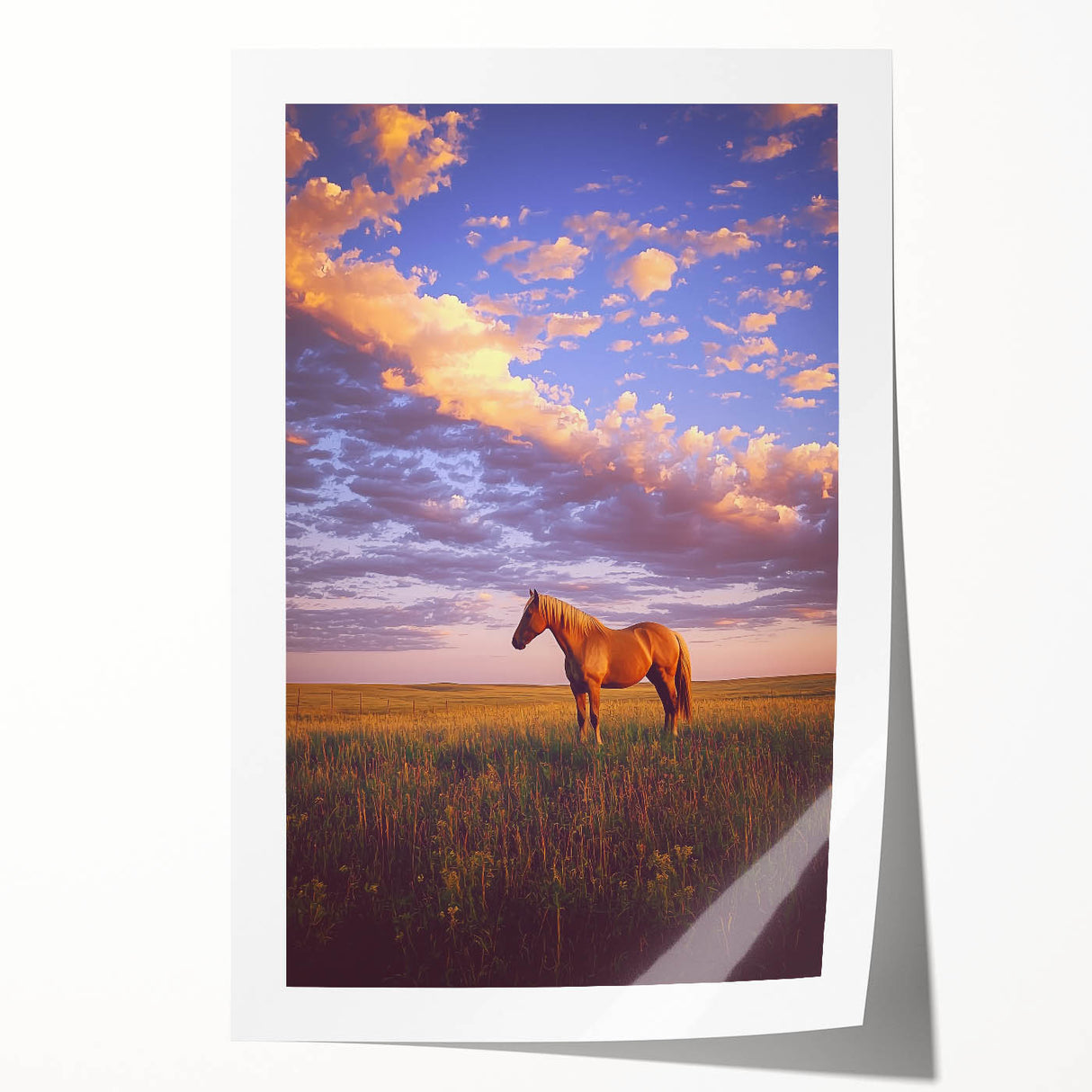 Vibrant countryside landscape print showcasing rolling hills and lush green fields, elegantly rolled for easy display, perfect for home decor.