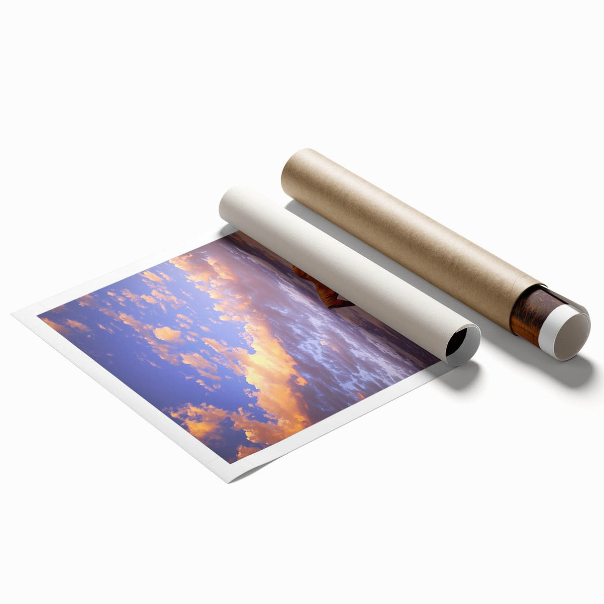 Rolled print showcasing a serene countryside landscape with rolling hills and a vibrant sky, packaged in a protective cardboard tube for safe transport. Perfect for home decor enthusiasts seeking nature-inspired artwork.