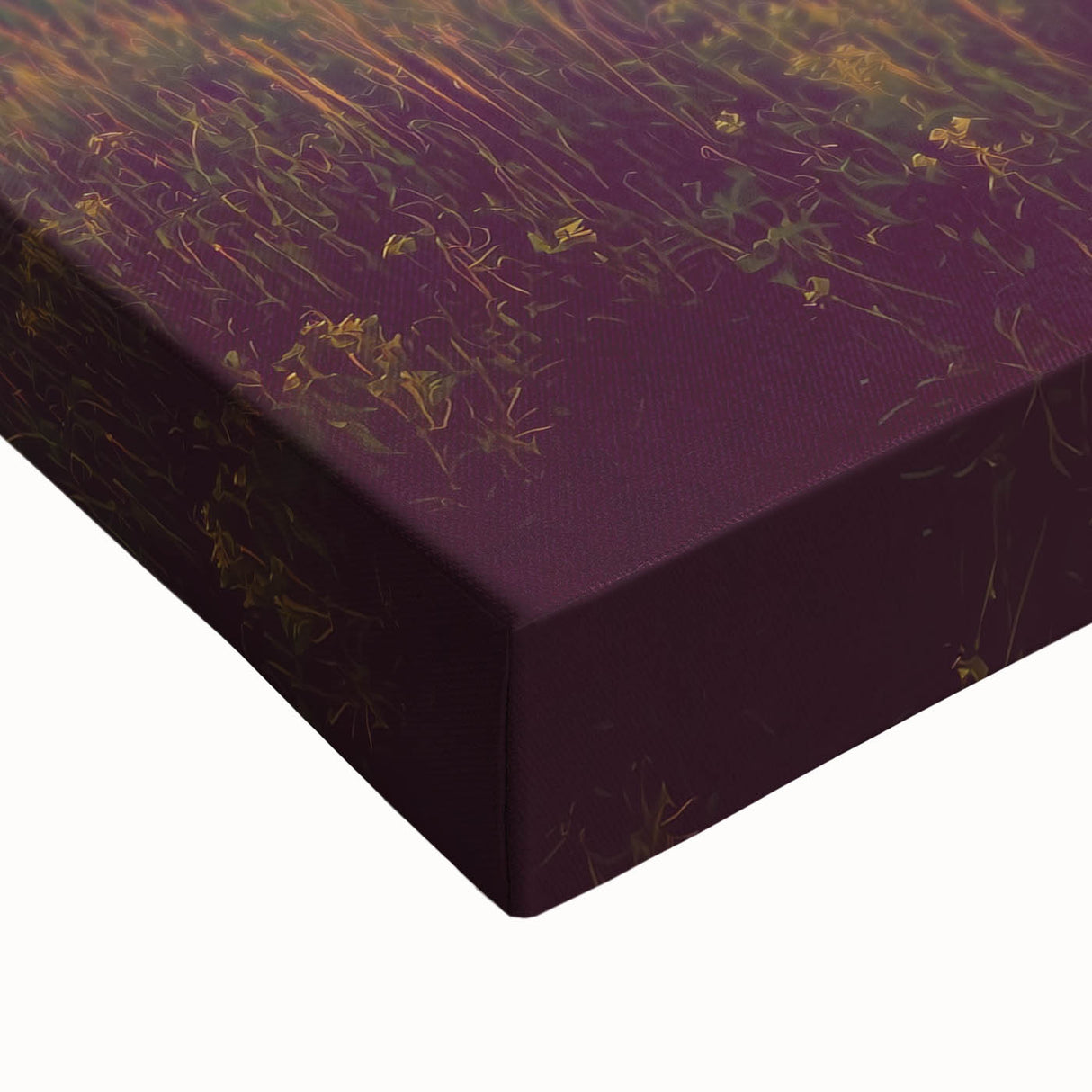 Close-up of a stretched canvas artwork depicting a serene countryside landscape with rolling hills, vibrant greenery, and soft clouds, perfect for home decor.