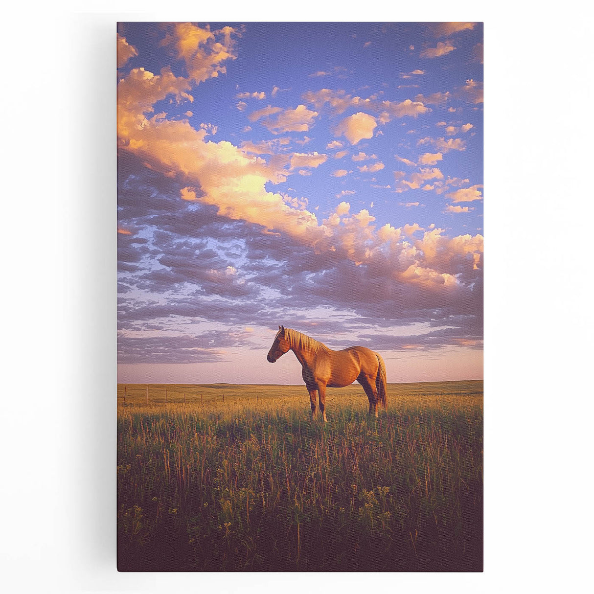 Stretched canvas artwork depicting a serene countryside landscape with vibrant green fields, rolling hills, and a bright blue sky, ideal for home decor.