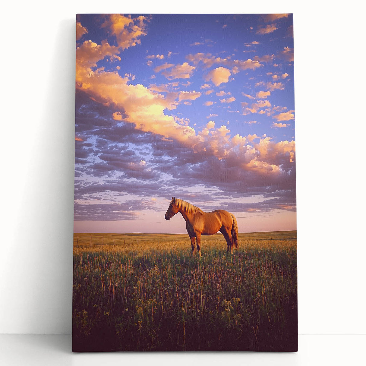 Stretched canvas artwork showcasing a vibrant countryside landscape with rolling hills and a colorful sunset, leaning against a rustic wooden wall. Perfect for home decor.