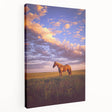 Stretched canvas artwork depicting a serene countryside landscape with rolling hills and a vibrant sunset, showcasing rich colors and intricate details. Ideal for home decor.