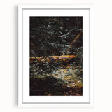 Abstract art print depicting falling leaves in orange and red tones on a white framed canvas, suitable for dining room decor.