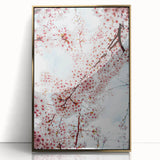 Large art print of a mid-century modernist spring scene in pastel shades, framed in gold acrylic, ideal for nursery wall art.