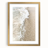 Extra large abstract art print featuring textured waves in soft blue and white, framed in gold, ideal for living room decor.