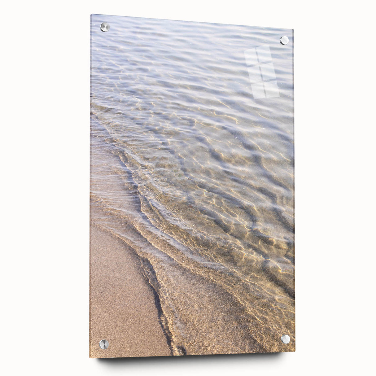 Large abstract wall art on acrylic glass depicting swirling blue and white patterns.