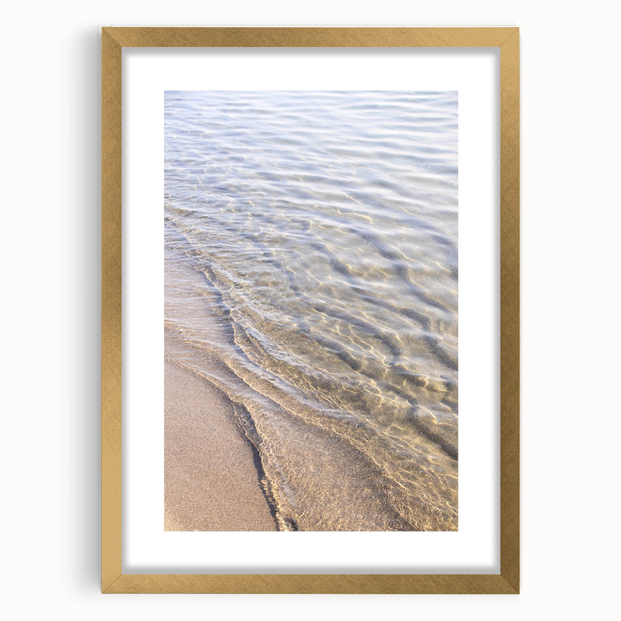 Extra large abstract art print with textured design in warm orange and beige tones, framed in gold.