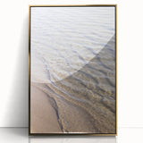 Large art print of a mid-century modernist abstract design in warm gold and orange tones, acrylic framed.