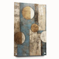 Abstract wall art featuring vibrant strokes in shades of blue, orange, and yellow, displayed in a side view with acrylic glass and visible mounting pins, ideal for modern decor.