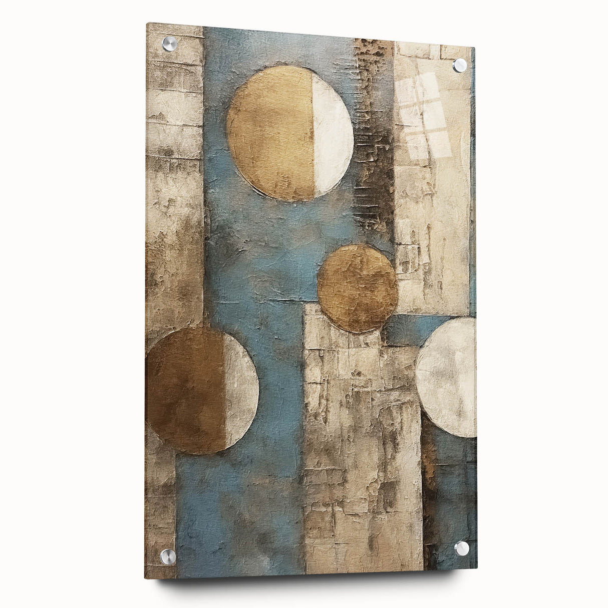 Abstract wall art featuring vibrant strokes in shades of blue, orange, and yellow, displayed in a side view with acrylic glass and visible mounting pins, ideal for modern decor.