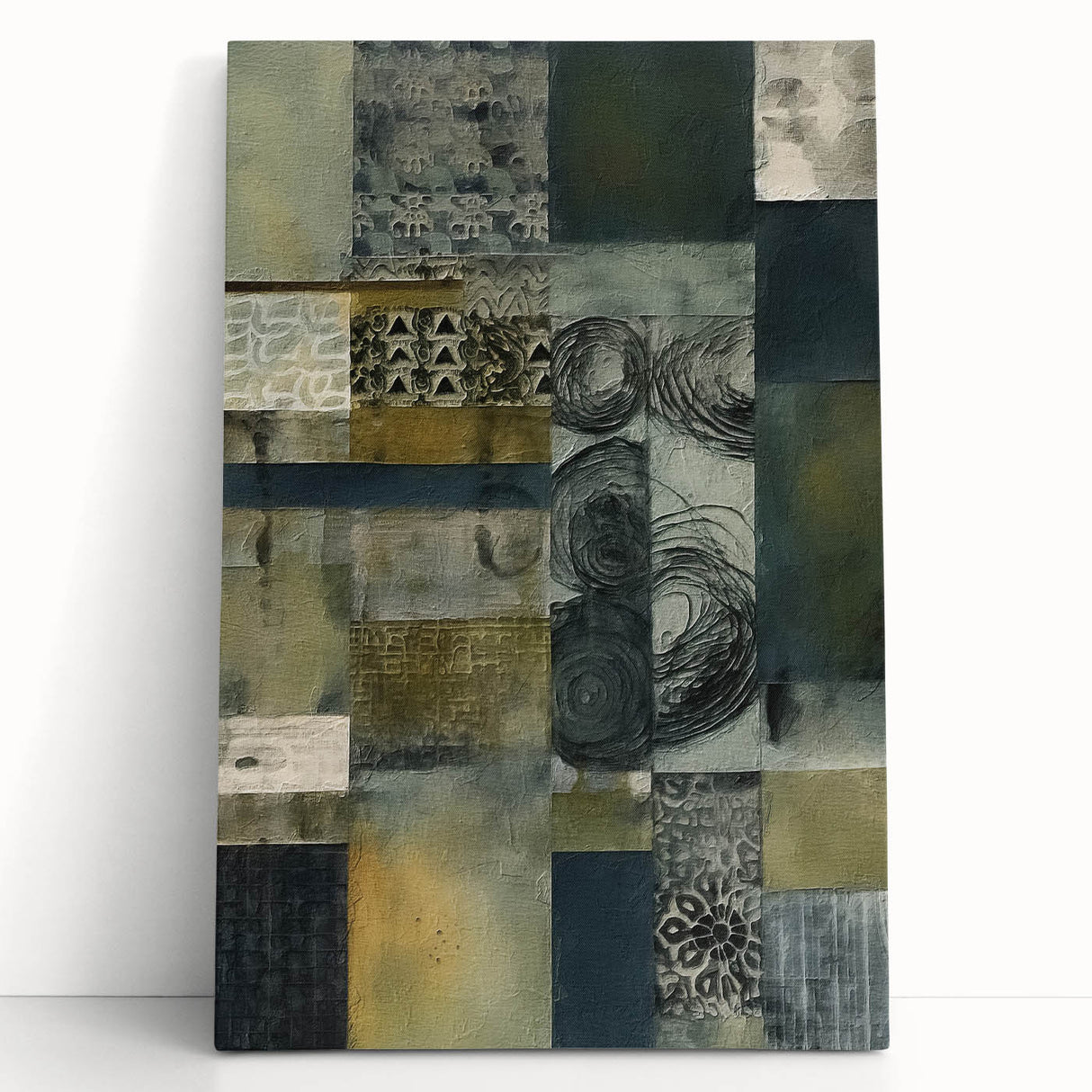 Abstract wall art featuring colorful strokes in vibrant shades of blue, orange, and yellow, printed on a stretched canvas, leaning against a neutral wall. This contemporary artwork adds a modern touch to home decor.