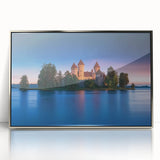 Framed acrylic artwork of a picturesque landscape featuring a majestic castle, elegantly displayed with a silver border, perfect for home decor enhancement.