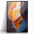 Framed acrylic artwork depicting a stunning landscape with cave formations, featuring a sleek black frame, ideal for enhancing modern home decor.