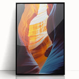 Framed acrylic artwork depicting a stunning landscape with cave formations, featuring a sleek black frame, ideal for enhancing modern home decor.