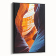 Framed canvas artwork depicting a stunning cave landscape with intricate details, featuring a black side view that enhances depth and contrast, perfect for modern decor.