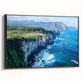 Framed canvas artwork showcasing a dramatic landscape of cliffs in earthy tones, with a sleek black frame enhancing its modern aesthetic, ideal for home decor.
