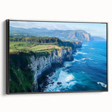Framed canvas artwork showcasing a dramatic landscape of cliffs in earthy tones, with a sleek black frame enhancing its modern aesthetic, ideal for home decor.