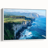 Framed canvas art depicting a scenic landscape with dramatic cliffs, showcasing vibrant colors and intricate details, ideal for home decor enhancement.