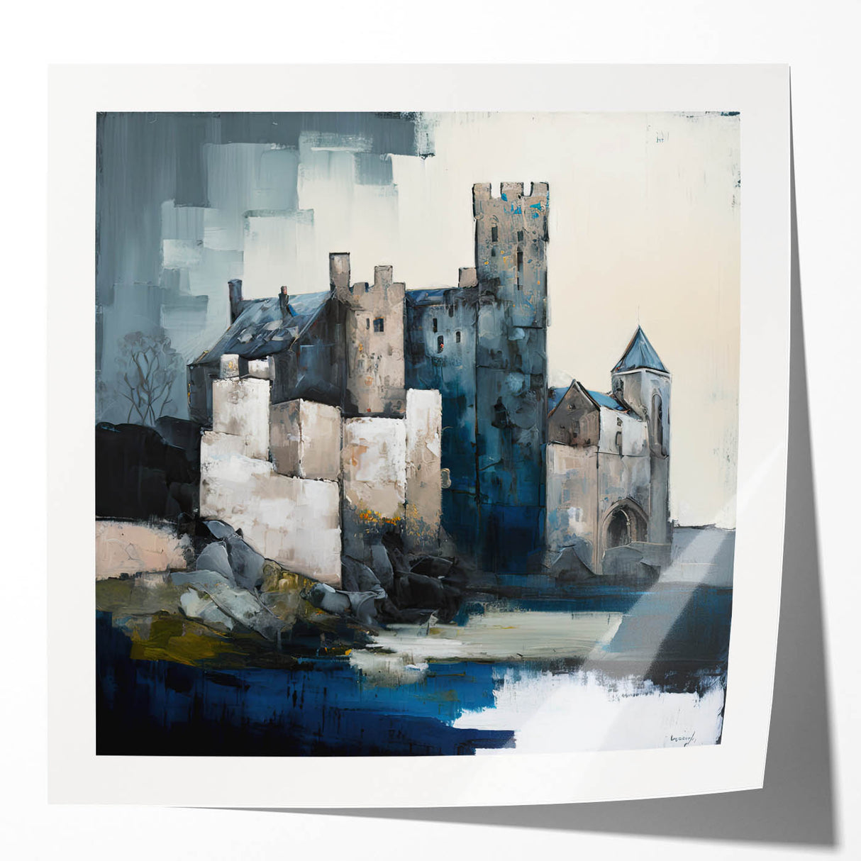 Abstract architectural wall art print mockup showcasing glossy finish and modern design elements, perfect for contemporary home decor. Ideal for art enthusiasts.