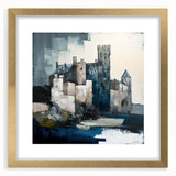 Abstract architectural wall art in a gold frame with a mat, showcasing intricate geometric patterns and a modern design, perfect for contemporary decor.