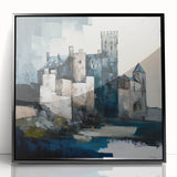 Framed abstract architecture wall art featuring geometric shapes in black and white, set against a sleek acrylic background, perfect for modern decor.