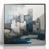 Framed abstract architecture wall art in silver acrylic, showcasing geometric shapes and modern design to enhance contemporary interior decor.