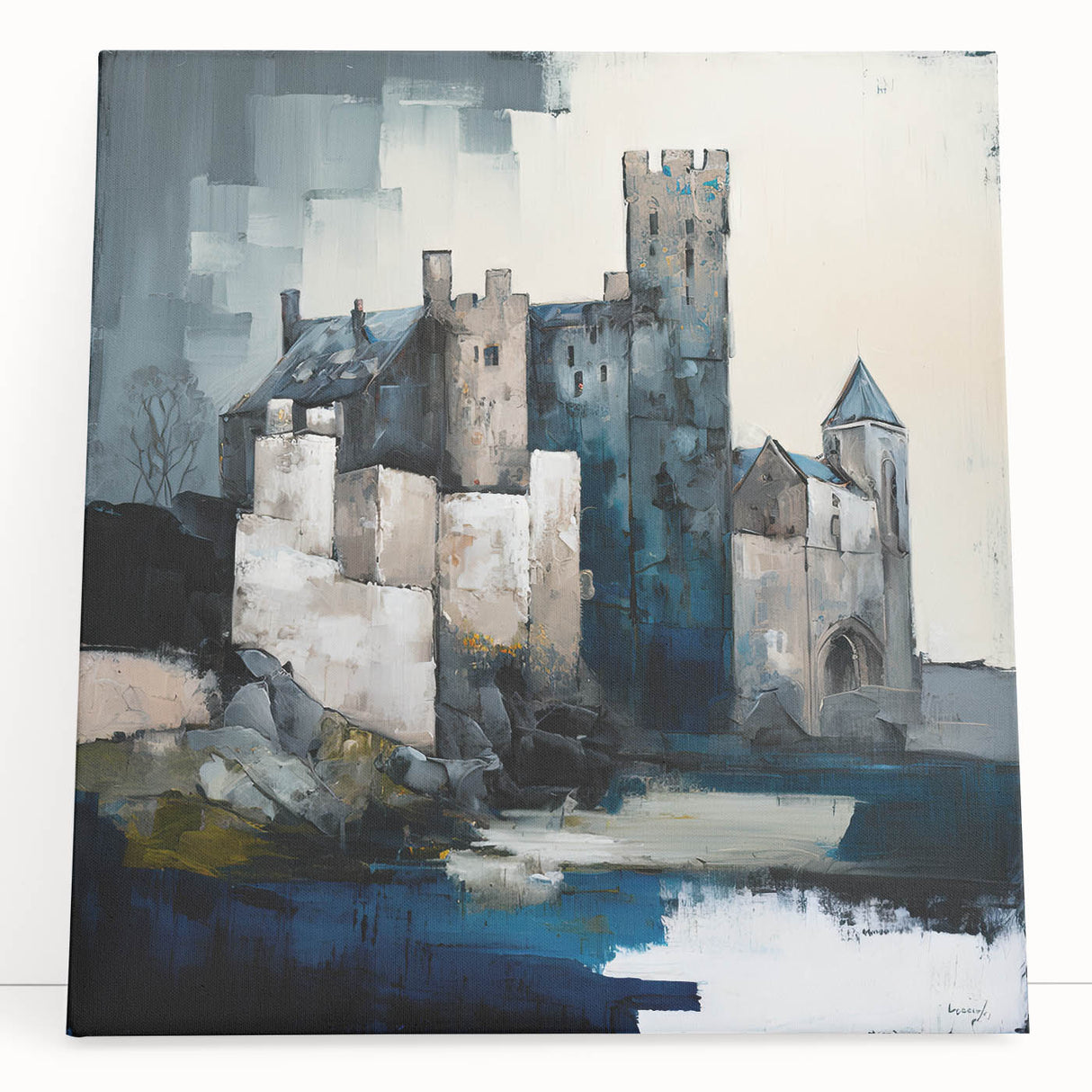 Abstract architectural wall art on stretched canvas, featuring bold geometric shapes and vibrant colors, beautifully leaning against a neutral wall, perfect for modern decor.