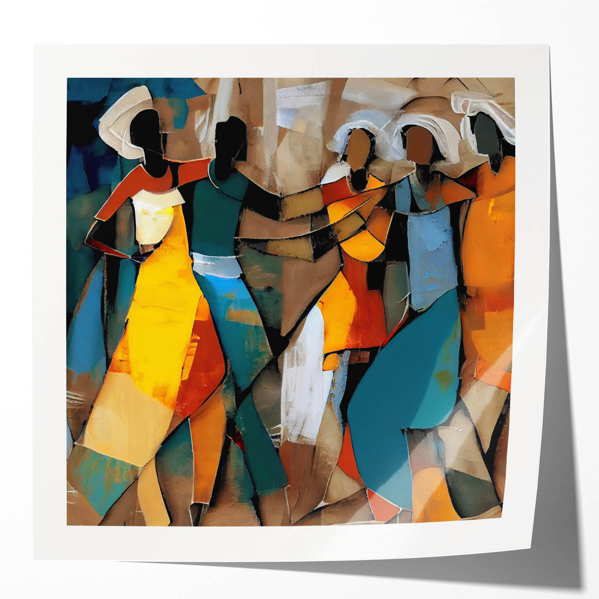 Abstract figurative wall art print showcasing vibrant colors and dynamic shapes, designed to enhance modern home decor, displayed on a glossy finish mockup.