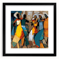 Abstract figurative wall art framed with a black mat, showcasing bold colors and dynamic shapes, perfect for modern home decor and artistic expression.