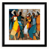 Abstract figurative wall art framed with a black mat, showcasing bold colors and dynamic shapes, perfect for modern home decor and artistic expression.
