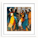 Abstract figurative wall art framed with a white mat, showcasing vibrant colors and dynamic shapes, perfect for modern home decor. Ideal for art enthusiasts seeking unique and stylish artwork.