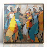 Framed abstract figurative wall art in gold acrylic, showcasing vibrant colors and intricate shapes, perfect for modern home decor. This striking piece adds elegance and artistic flair to any living space.