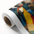 Abstract figurative wall art on rolled canvas showcasing vibrant colors and dynamic shapes, perfect for modern home decor, elegantly packaged in a protective cardboard tube.