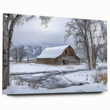 Acrylic glass print depicting a vibrant landscape of a rustic red barn surrounded by lush green fields, showcasing intricate details and a glossy finish. This side view emphasizes the artwork's depth and color contrast, ideal for rustic home decor.