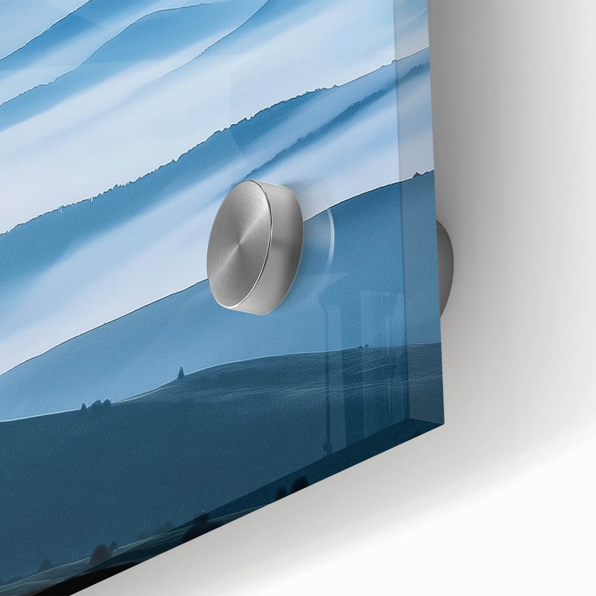 Close-up of a vibrant countryside landscape acrylic print showcasing lush green fields, rolling hills, and a clear blue sky, perfect for home decor.