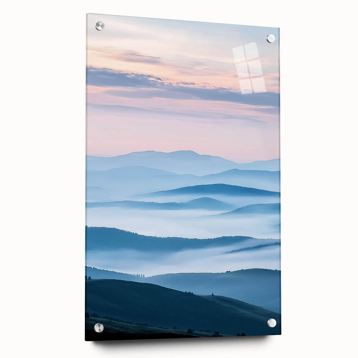 Acrylic landscape artwork depicting a serene countryside scene, displayed in a glass frame with pins, showcasing vibrant colors and fine details in a side view.