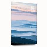 Acrylic glass artwork depicting a serene countryside landscape, showcasing rolling hills and vibrant greenery, viewed from the side without pins, ideal for home decor.
