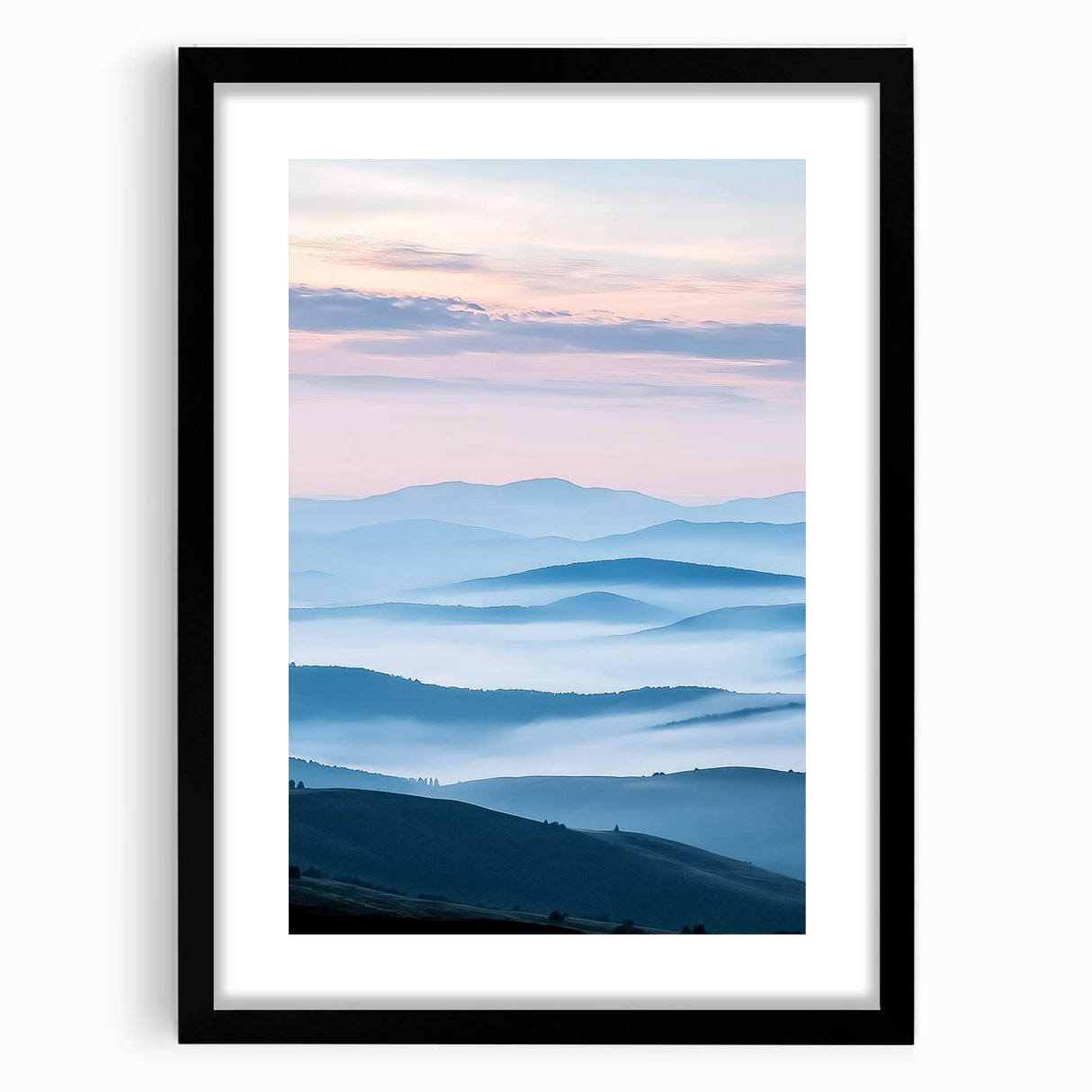 Framed countryside landscape artwork with a black matte finish, showcasing vibrant rural scenery and rich colors, ideal for home decor enhancement.