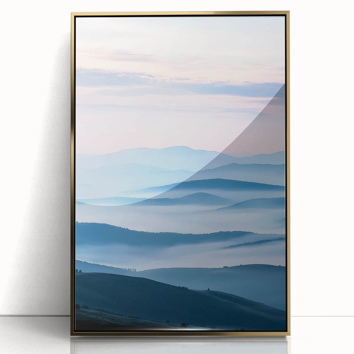 Framed acrylic artwork showcasing a serene countryside landscape with vibrant greens and soft gold accents, adding a touch of elegance to home decor.